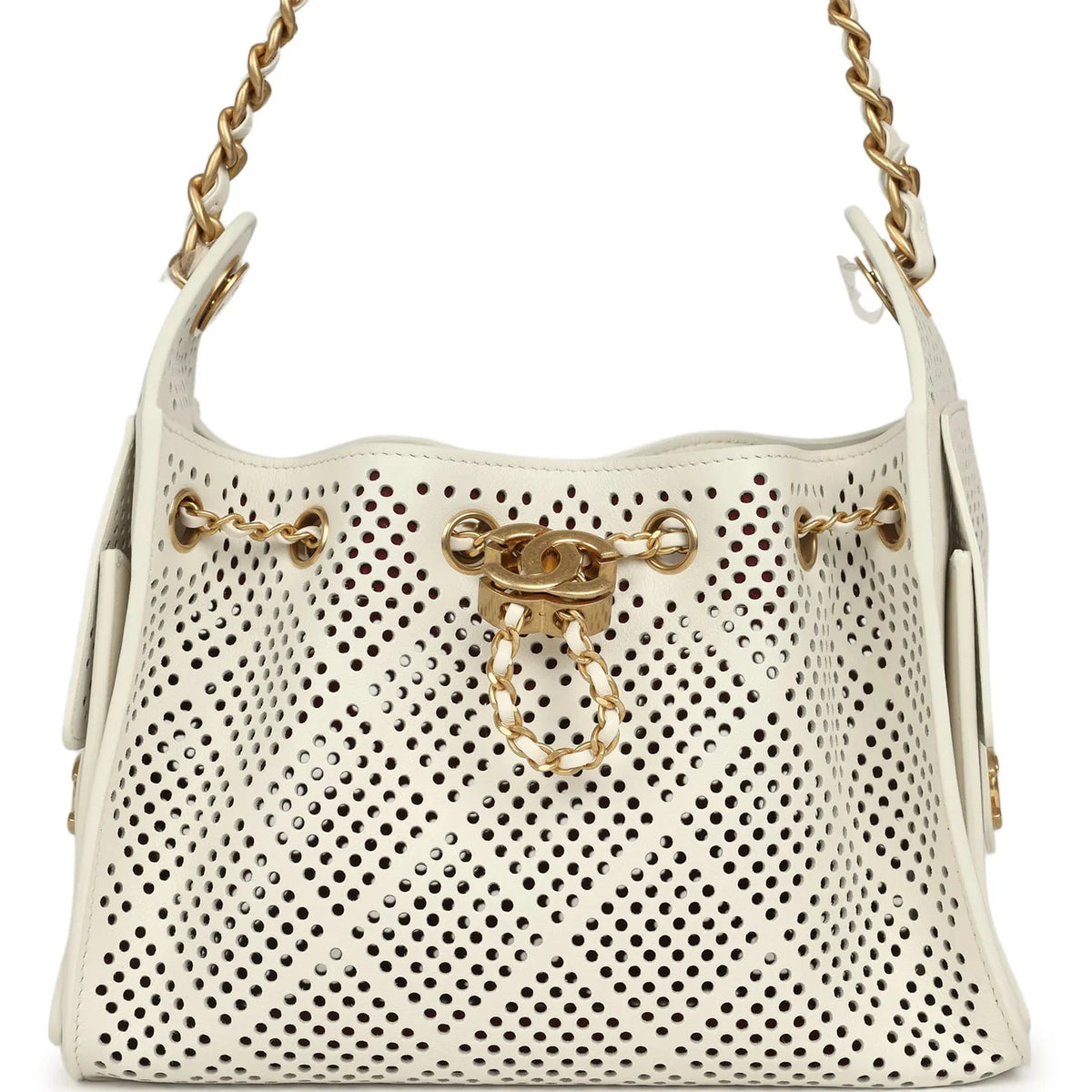Chanel Mini 25 Hobo Bag White Perforated Calfskin Antique Gold Hardware
