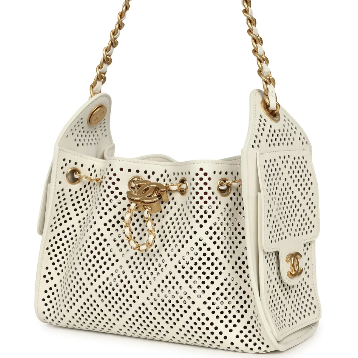 Chanel Mini 25 Hobo Bag White Perforated Calfskin Antique Gold Hardware