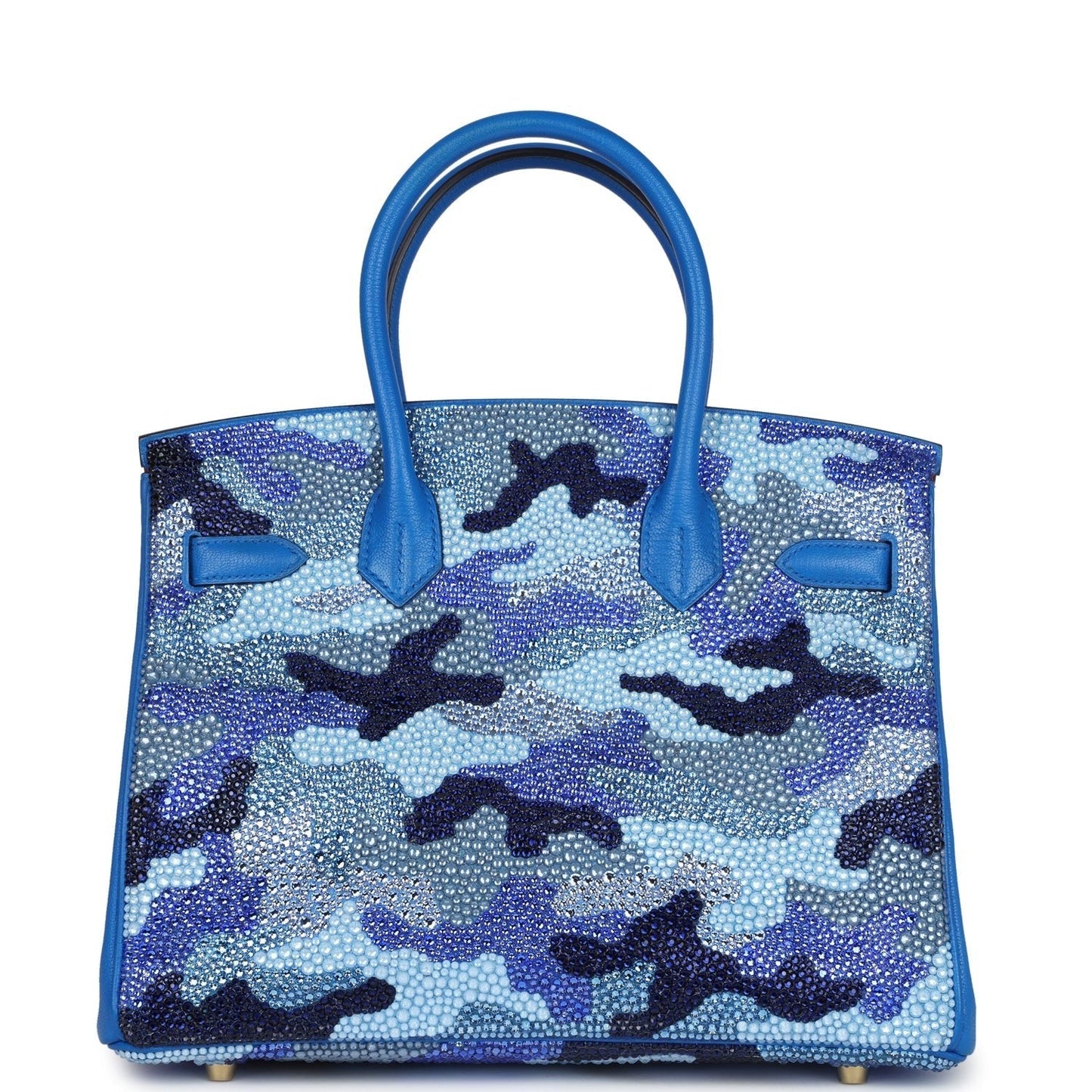 Custom Camouflage Swarovski Crystal Hermès Birkin 30 Bleu Hydra Chevre Gold Hardware