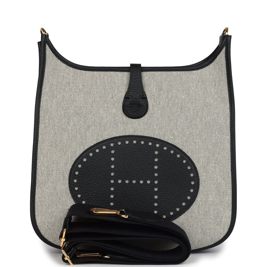 Evelyne III PM Black Clemence and Ecru Toile Gold Hardware