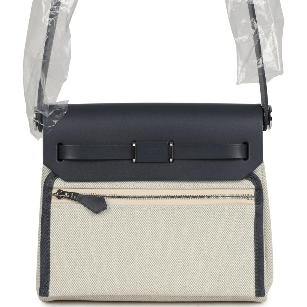 Herbag Zip 20 Mini Ecru and Bleu Glacier Toile H Canvas and Ardoise Vache Hunter Palladium Hardware