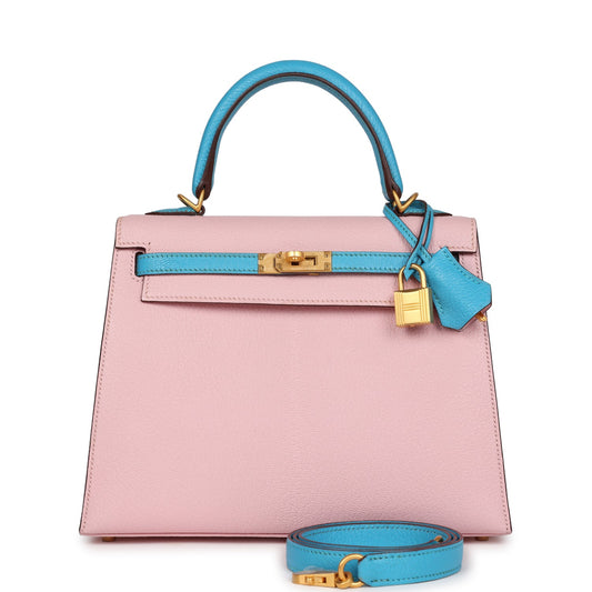 Special Order (HSS) Kelly Sellier 25 Rose Sakura and Bleu Aztec Chevre Brushed Gold Hardware