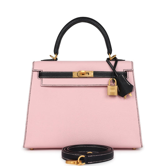 Special Order (HSS) Kelly Sellier 25 Rose Sakura and Black Chevre Mysore Brushed Gold Hardware