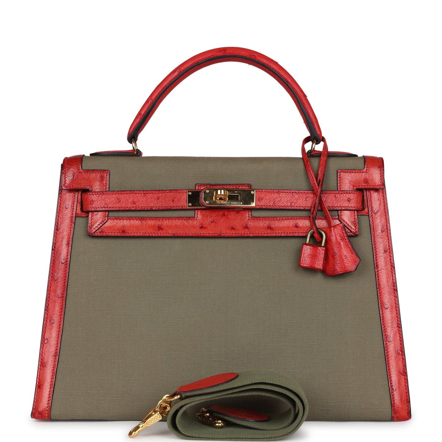 Vintage Kelly Sellier 32 Rouge Vif Ostrich and Vert Olive Officier Canvas Gold Hardware