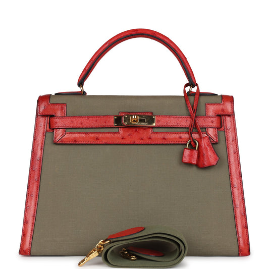 Vintage Kelly Sellier 32 Rouge Vif Ostrich and Vert Olive Officier Canvas Gold Hardware
