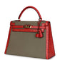 Vintage Kelly Sellier 32 Rouge Vif Ostrich and Vert Olive Officier Canvas Gold Hardware