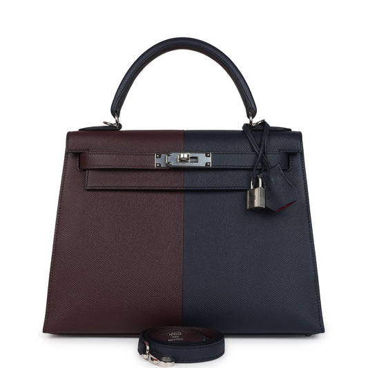 Kelly Sellier 28 Casaque Bleu Indigo and Rouge Sellier Epsom Palladium Hardware