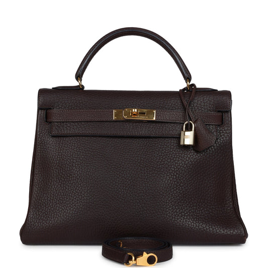 Vintage Kelly Retourne 32 Marron Fonce Fjord Gold Hardware