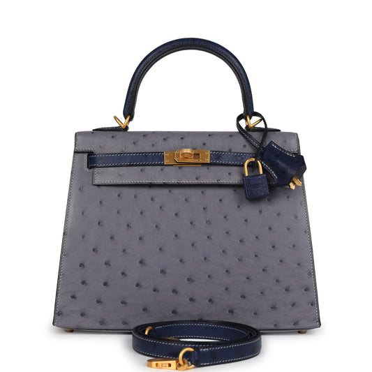 Special Order (HSS) Kelly Sellier 25 Gris Agate and Bleu Iris Ostrich Brushed Gold Hardware