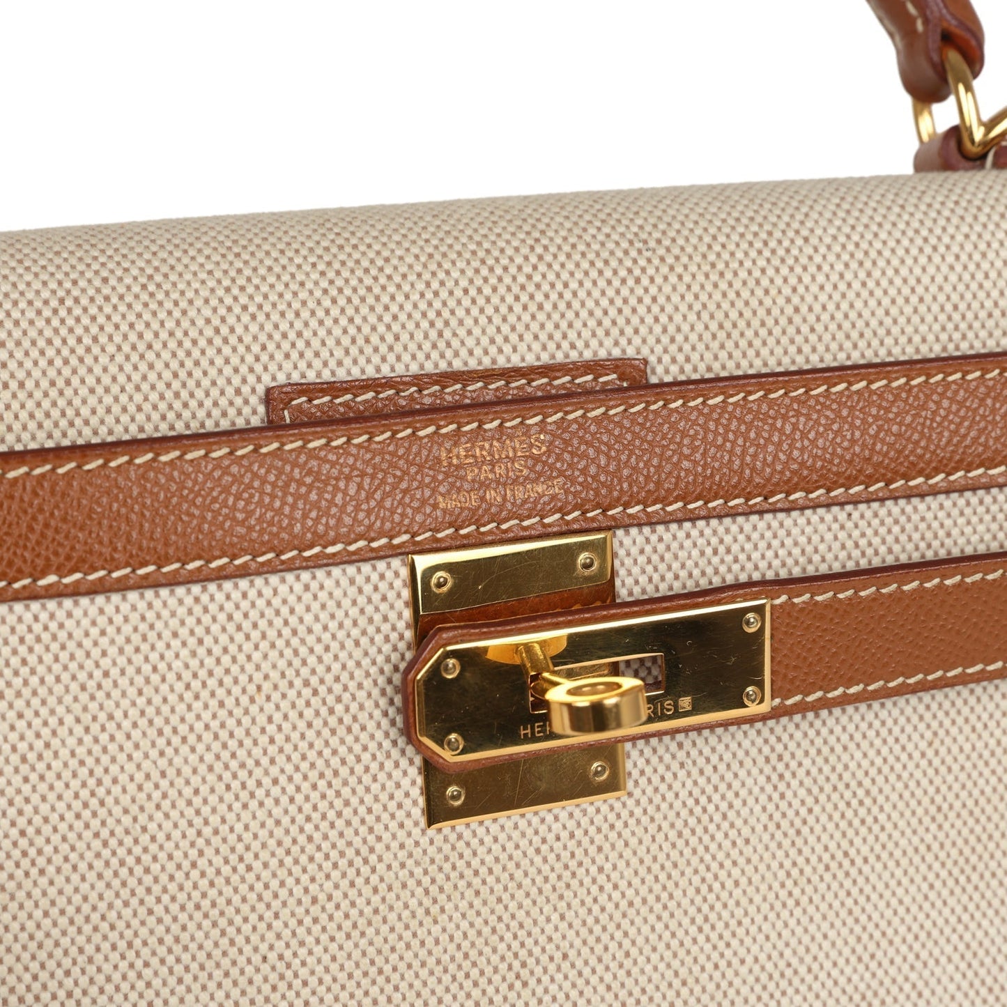 Vintage Kelly Sellier 32 Gold Courchevel and Ecru-Beige Toile H Canvas Gold Hardware