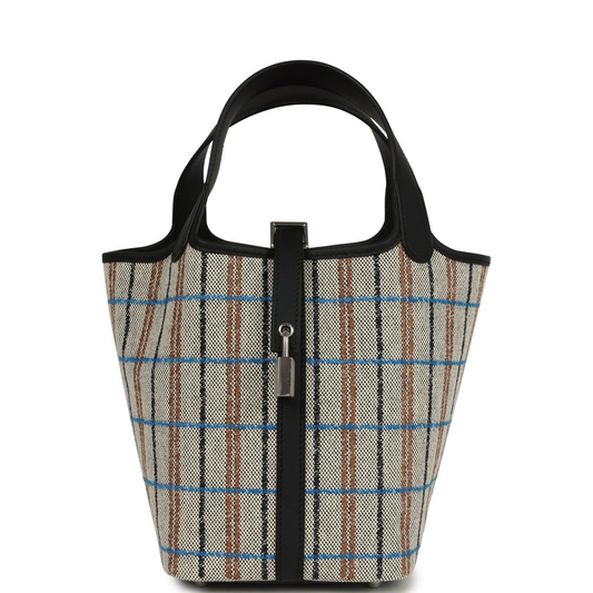 Picotin Lock 18 Black Swift and Ecru, Bleu, Black and Fauve Toile H Canvas Palladium Hardware