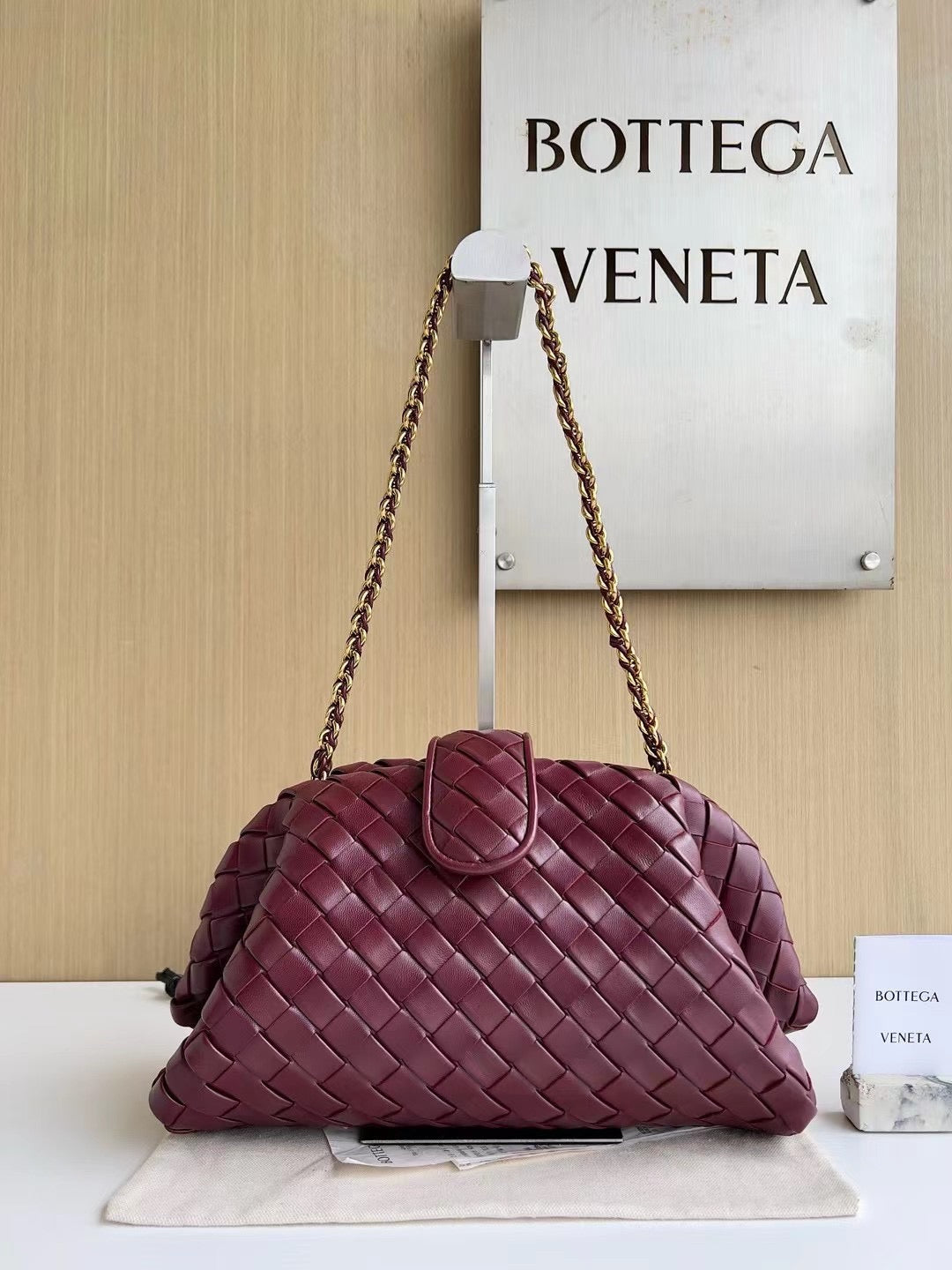 Woven Leather Shoulder Bag with Braided Chain Strap