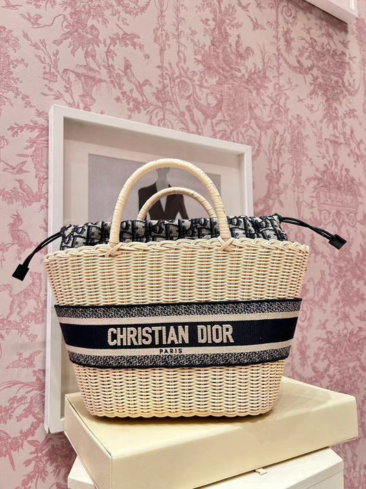 Woven Basket Tote with Fabric Insert