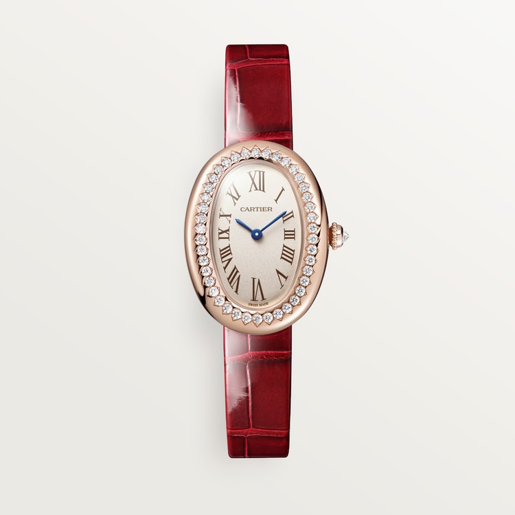 Baignoire Mini 18K Rose Gold Diamond Silvered Dial Red Alligator Strap Watch