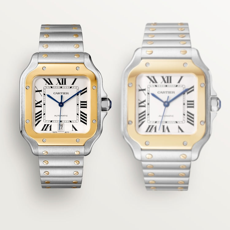 Santos de Cartier Medium 35.1mm Steel Yellow Gold Blue Crown Silvered Opaline Dial Steel Bracelet Automatic Watch