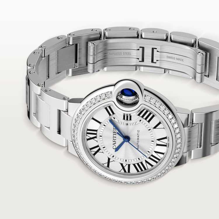Ballon Bleu 33mm Steel Diamond Bezel Silvered Flinqué Dial Steel Bracelet Automatic Watch
