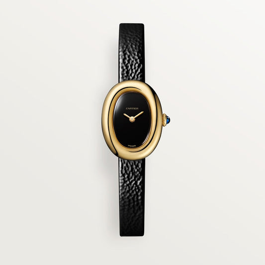 Baignoire Mini 18K Yellow Gold Black Lacquered Dial Leather Strap Watch