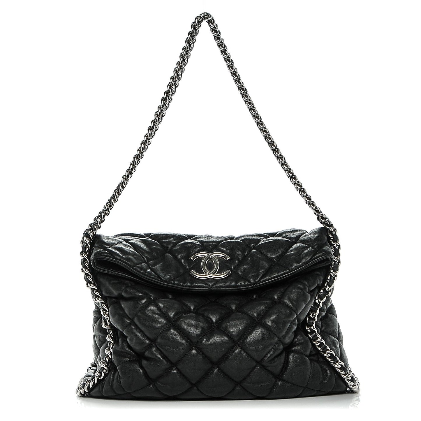 Washed Lambskin Chain Around Hobo Black