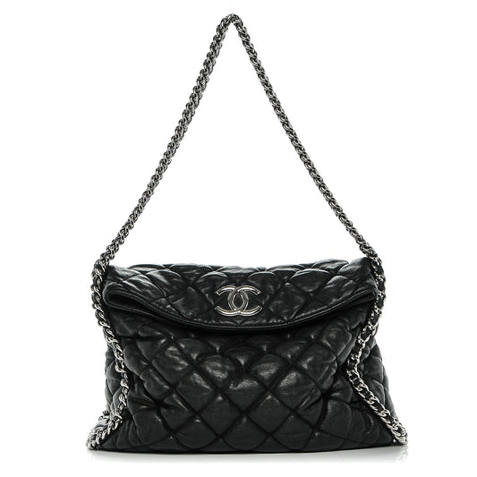 Washed Lambskin Chain Around Hobo Black