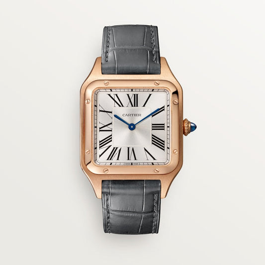 Santos-Dumont Large 43.5mm x 31.4mm Rose Gold Blue Crown Silver Sunray Dial Gray Alligator Leather Strap Quartz Watch