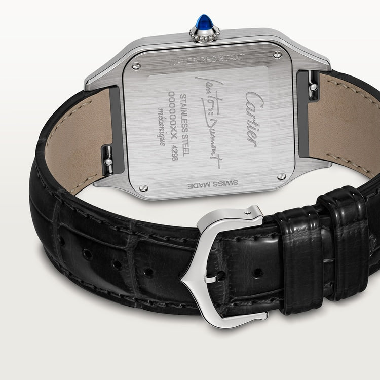Santos-Dumont Large 43.5mm x 31.4mm Steel Blue Crown Black Lacquer Dial Alligator Leather Strap Manual Watch