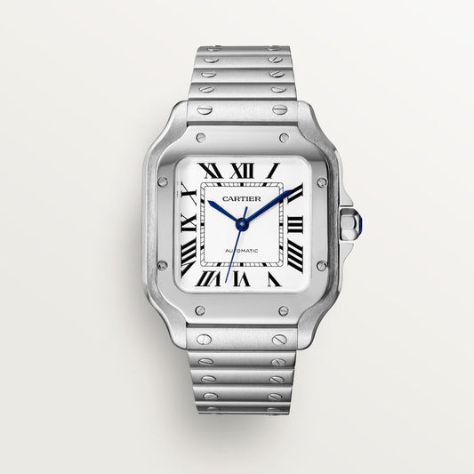 Santos de Cartier Medium 35.1mm Steel Blue Crown Silvered Opaline Dial Steel Bracelet Automatic Watch