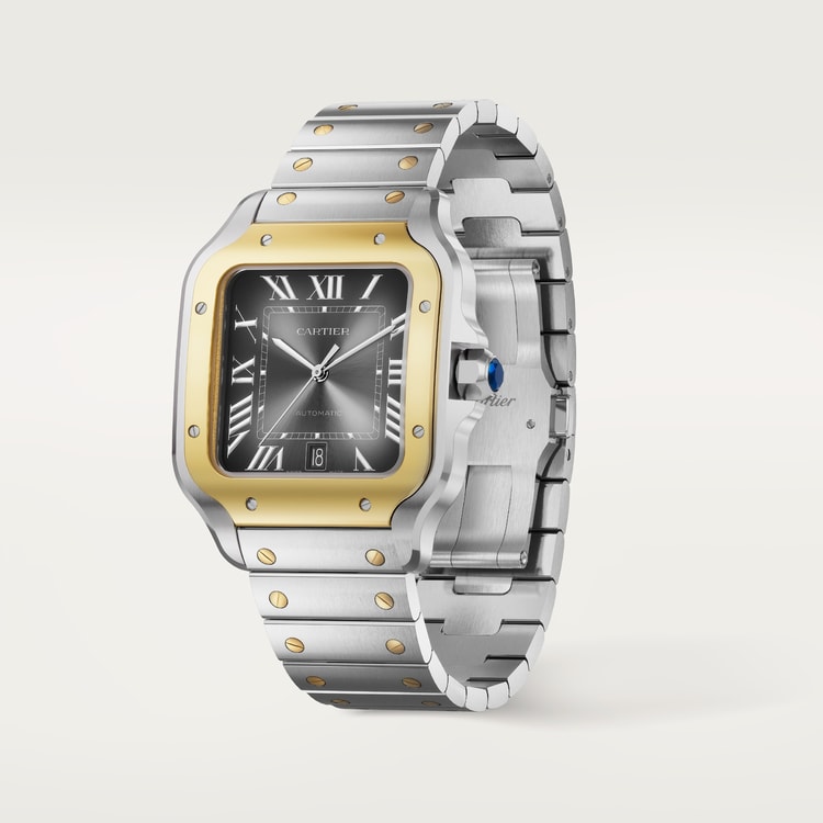 Santos de Cartier Large 39.8mm Steel Yellow Gold Blue Crown Anthracite Gray Dial Steel Bracelet Automatic Watch