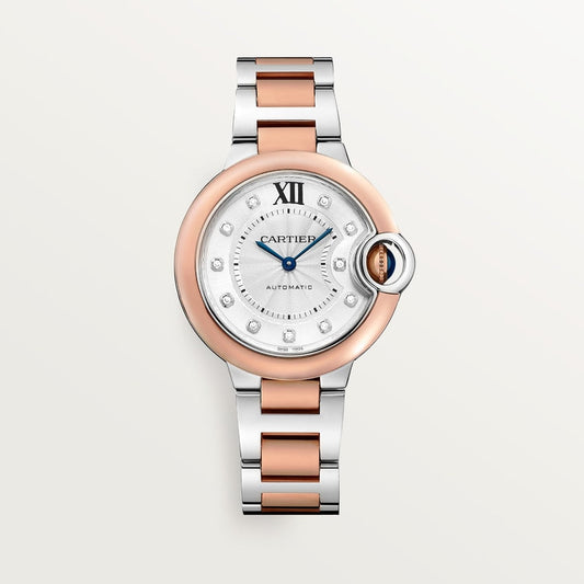 Ballon Bleu 33mm Steel Rose Gold Automatic Silver Guilloché Dial Two-Tone Bracelet Watch