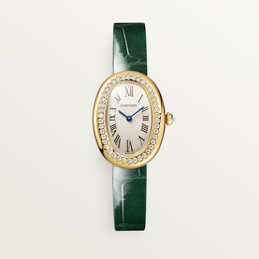 Baignoire Mini 18K Yellow Gold Diamond Silvered Dial Green Alligator Strap Watch