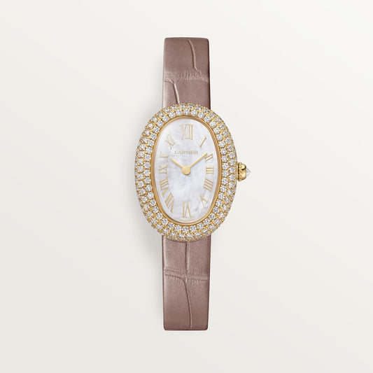 Baignoire Mini 18K Yellow Gold Diamond Mother-of-Pearl Dial Beige Alligator Strap Watch