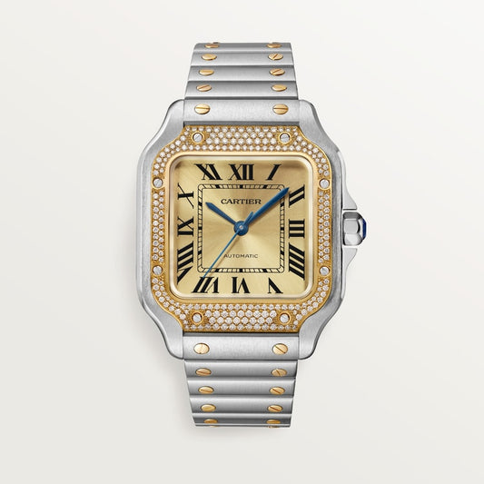 Santos de Cartier Medium 35.1mm Steel Yellow Gold Diamond Bezel Blue Crown Golden Sunray Dial Steel Bracelet Automatic Watch