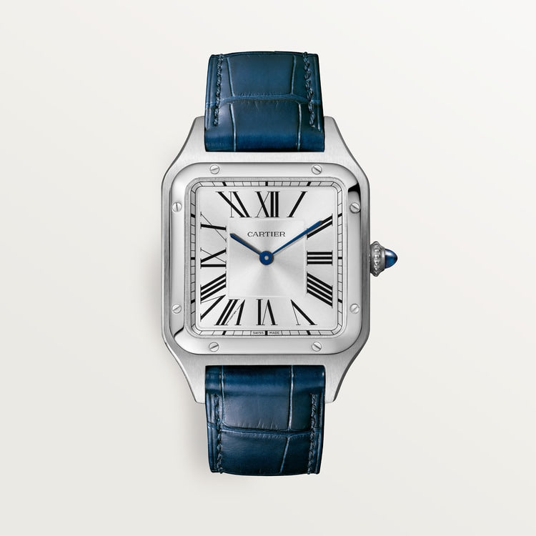Santos-Dumont Large 43.5mm x 31.4mm Steel Silvered Satin-Finish Dial Navy Blue Alligator Strap Quartz Watch