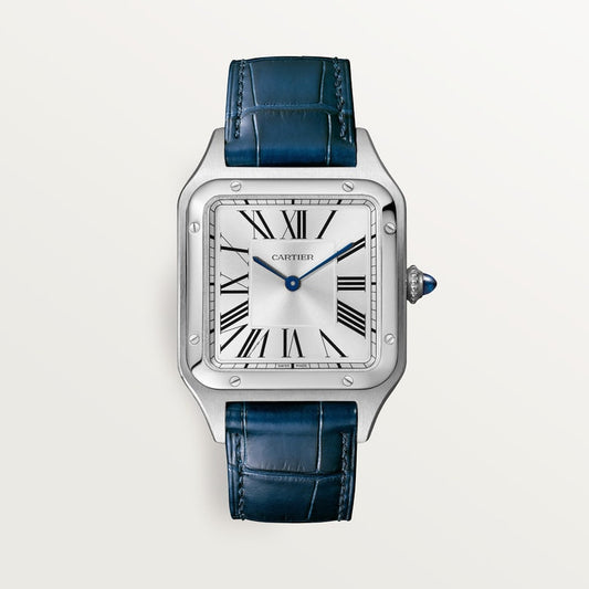 Santos-Dumont Large 43.5mm x 31.4mm Steel Silvered Satin-Finish Dial Navy Blue Alligator Strap Quartz Watch