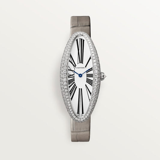 Baignoire Allongée 18K White Gold Diamond Silvered Dial Light Gray Alligator Strap Watch
