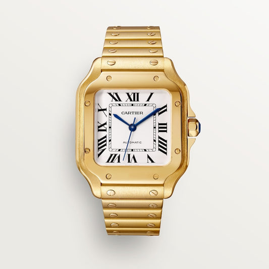 Santos de Cartier Medium 35.1mm Yellow Gold Blue Crown Silvered Opaline Dial Yellow Gold Bracelet Self-Winding Watch