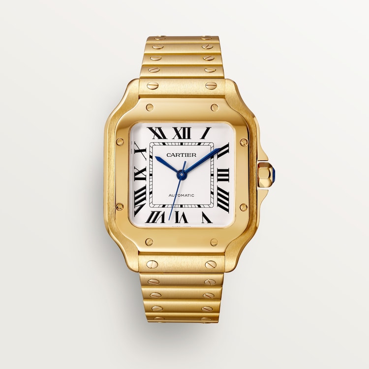 Santos de Cartier Medium 35.1mm Yellow Gold Blue Crown Silvered Opaline Dial Yellow Gold Bracelet Automatic Watch
