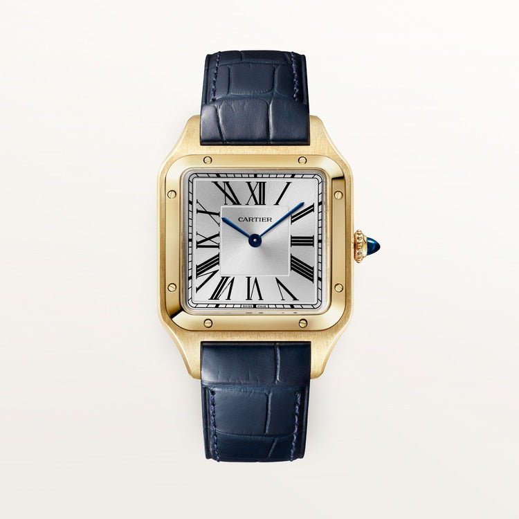 Santos-Dumont Large 43.5mm x 31.4mm Yellow Gold Silvered Satin-Finish Dial Navy Blue Alligator Strap Manual-Winding Watch