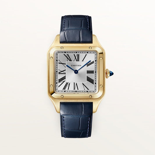 Santos-Dumont Large 43.5mm x 31.4mm Yellow Gold Blue Crown Silvered Satin-Finish Dial Navy Blue Alligator Leather Strap Manual-Winding Watch