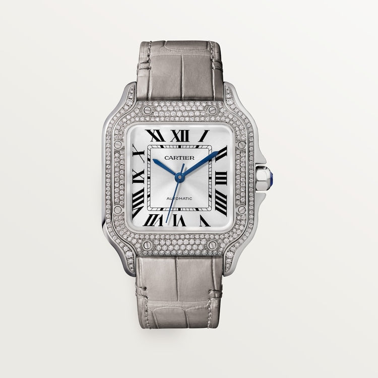 Santos de Cartier Medium 35.1mm White Gold Diamond Bezel Blue Crown Silver Sunray Dial Alligator Leather Strap Automatic Watch