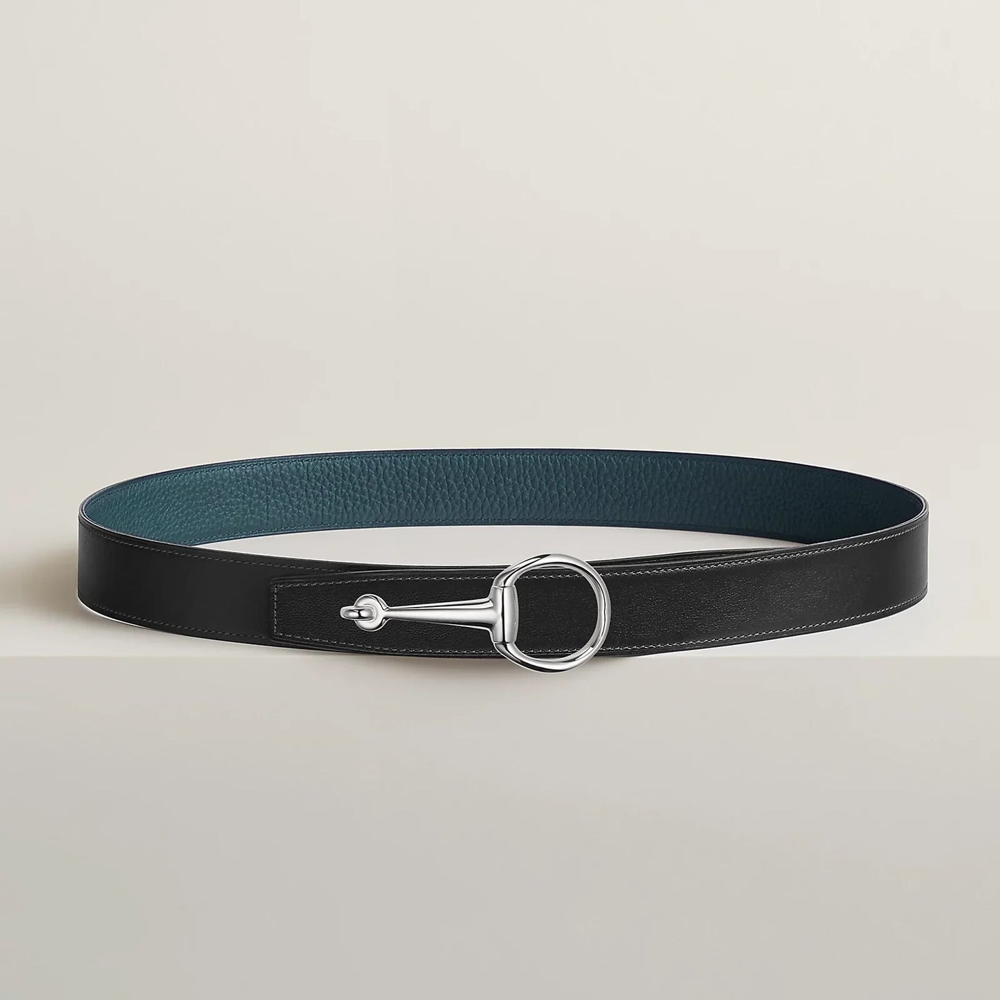 NOIR / GOLD-BLEU MARINE / ÉCORCE  CASAQUE BELT BUCKLE & REVERSIBLE LEATHER STRAP 32 MM