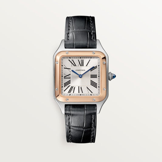 Santos-Dumont Small 38mm x 27.5mm Steel Rose Gold Bezel Silvered Satin-Finish Dial Black Alligator Strap Quartz Watch