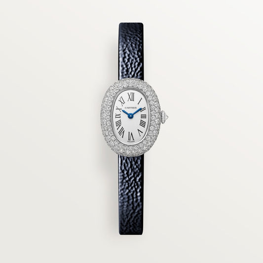 Baignoire Mini 18K White Gold Diamond Silvered Dial Navy Blue Patent Leather Strap Watch