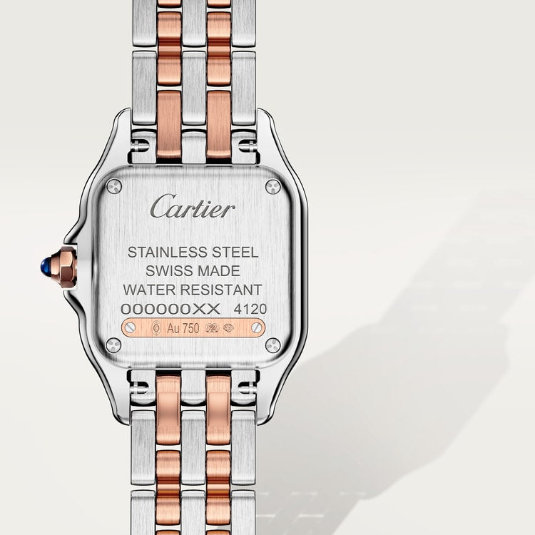 Panthère de Cartier Small 22mm x 30mm Rose Gold Steel Diamond Bezel Blue Crown Silver Dial Rose Gold Steel Bracelet Quartz Watch