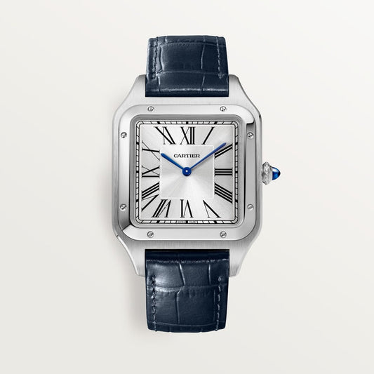 Santos-Dumont Extra-Large 46.6mm x 33.9mm Steel Silvered Satin-Finish Dial Navy Blue Alligator Strap Manual-Winding Watch