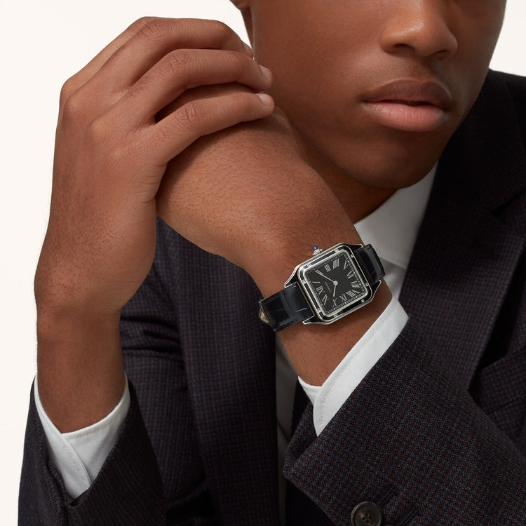Santos-Dumont Large 43.5mm x 31.4mm Steel Blue Crown Black Lacquer Dial Alligator Leather Strap Manual Watch
