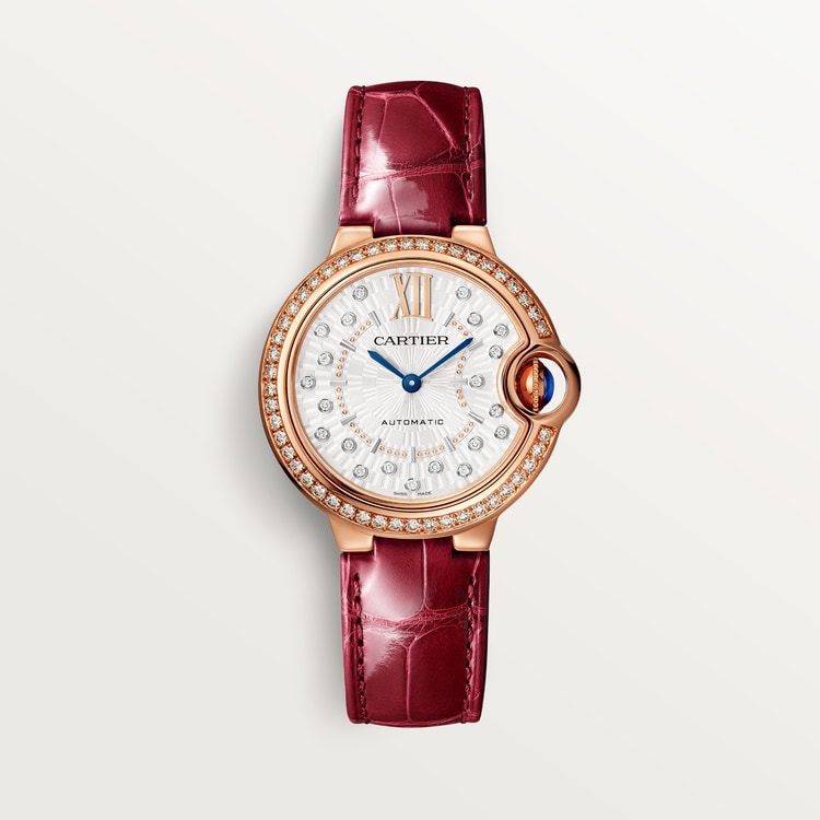 Ballon Bleu 33mm Rose Gold Diamond Case Silver Guilloché Dial Alligator Strap Automatic Watch