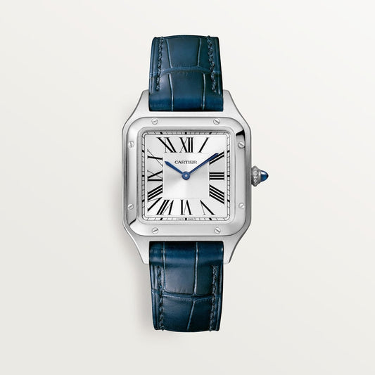 Santos-Dumont Small 38mm x 27.5mm Steel Blue Crown Silver Sunray Dial Navy Blue Alligator Leather Strap Quartz Watch