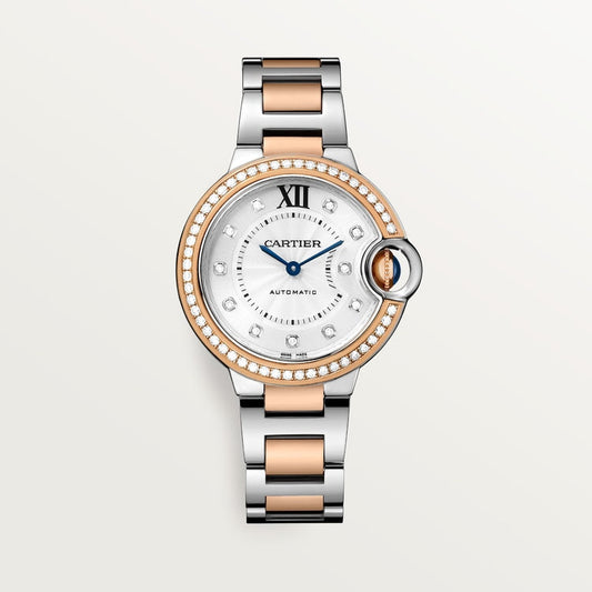 Ballon Bleu 33mm Steel Rose Gold Automatic Silver Guilloché Dial Two-Tone Bracelet Watch