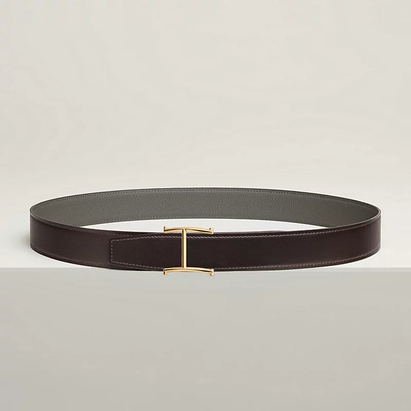 NOIR / GOLD - BLEU MARINE / ÉCORCE SERIF BELT BUCKLE & REVERSIBLE LEATHER STRAP 32 MM