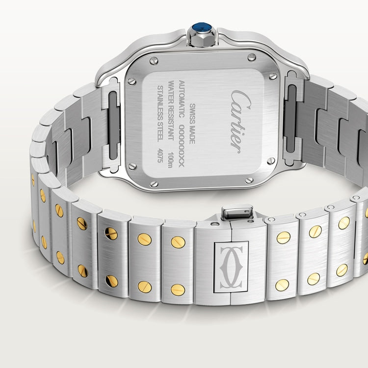 Santos de Cartier Medium 35.1mm Steel Yellow Gold Bezel Diamond-Set Golden Sunray Dial Steel Bracelet Self-Winding Watch
